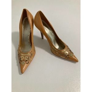BCBGIRLS Size 10 Orange Leather Pumps Embellished and Beaded Pointy Toe Heels
